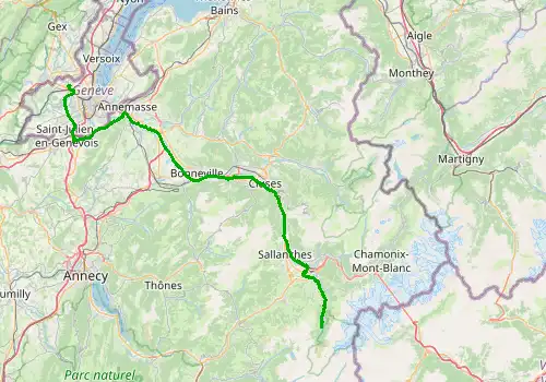 Route map Geneva Airport - Les Contamines, 96 km, approx. 83 min