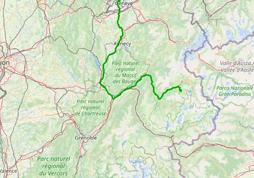 Route map Geneva Airport - Peisey Vallandry, 197 km, approx. 148 min