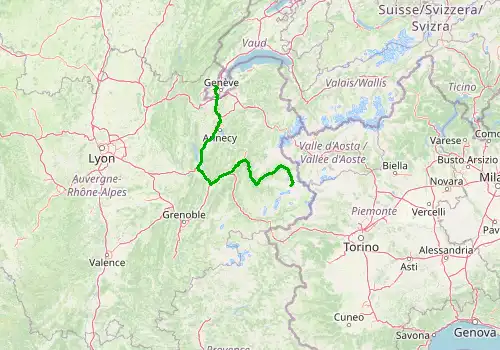 Route map Geneva Airport - Tignes, 222 km, approx. 180 min