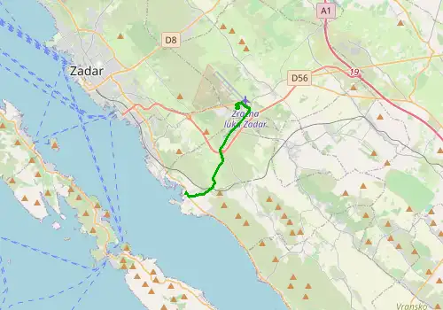 Route map Zadar Airport - Biograd, 9 km, approx. 12 min
