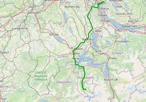 Route map Zurich Airport - Engelberg, 90 km, approx. 90 min