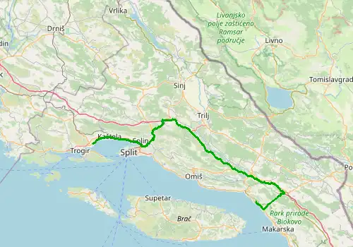 Route map Split Airport - Baska Voda, 92 km, approx. 84 min