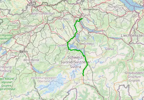 Route map Zurich Airport - Andermatt, 127 km, approx. 110 min