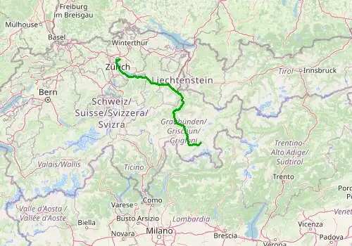 Route map Zurich Airport - St Moritz, 206 km, approx. 173 min