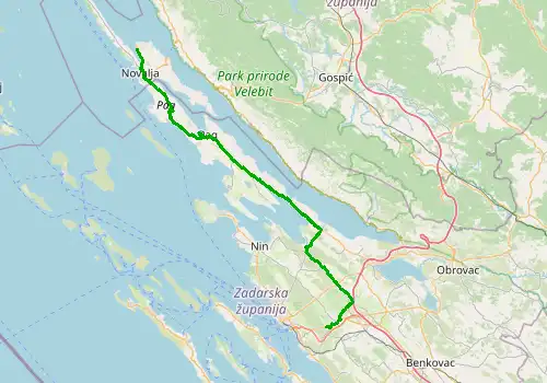 Route map Zadar Airport - Novalja, island of Pag, 90 km, approx. 97 min