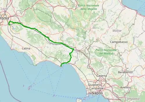 Route map Rome Ciampino Airport - Gaeta, 161 km, approx. 124 min