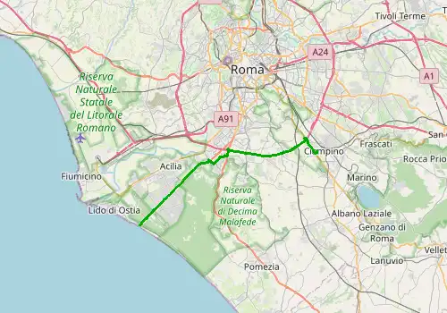 Route map Rome Ciampino Airport - Ostia (Lido di Ostia), Rome, 31 km, approx. 39 min