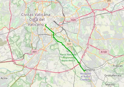 Route map Rome Ciampino Airport - Rome, 15 km, approx. 27 min