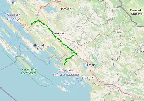 Route map Zadar Airport - Pirovac, 63 km, approx. 52 min