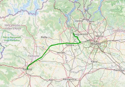 Route map Milan Malpensa Airport - Turin, 137 km, approx. 94 min