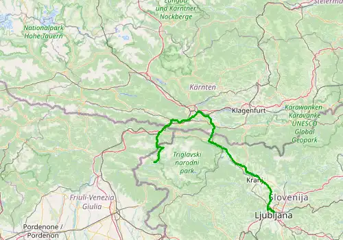 Route map Ljubljana Airport - Bovec, 155 km, approx. 120 min