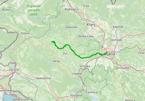 Route map Ljubljana Airport - Cerkno, 63 km, approx. 71 min