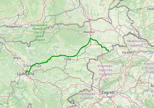 Route map Ljubljana Airport - Mariborsko Pohorje, 153 km, approx. 103 min