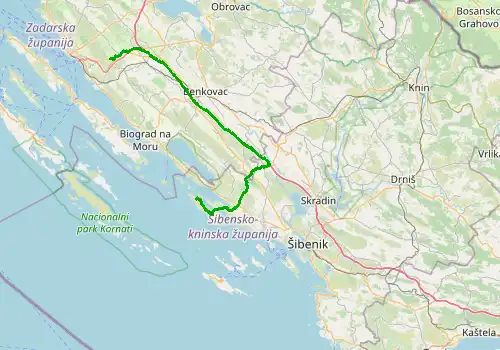 Route map Zadar Airport - Tisno, Island of Murter, 74 km, approx. 69 min