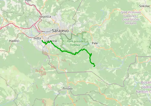 Route map Sarajevo Airport - Jahorina, 33 km, approx. 40 min
