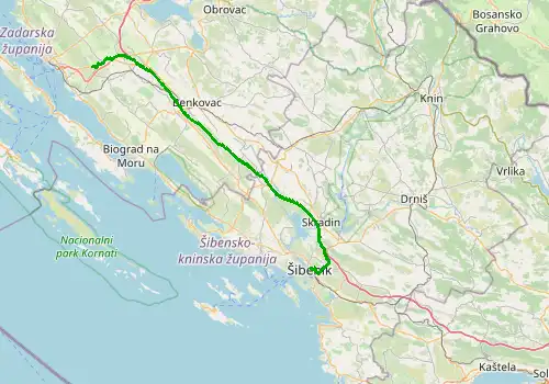 Route map Zadar Airport - Sibenik, 75 km, approx. 57 min