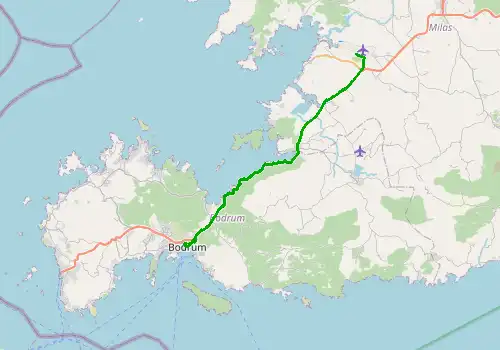 Route map Bodrum Milas Airport - Bodrum, 38 km, approx. 33 min