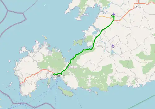 Route map Bodrum Milas Airport - Gumbet, 39 km, approx. 33 min