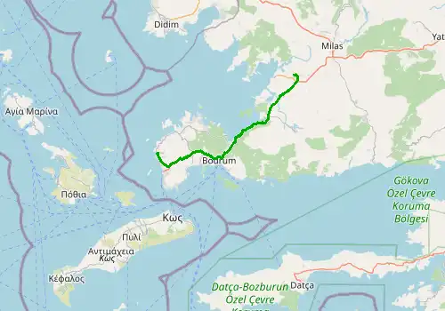 Route map Bodrum Milas Airport - Gumusluk, 59 km, approx. 49 min