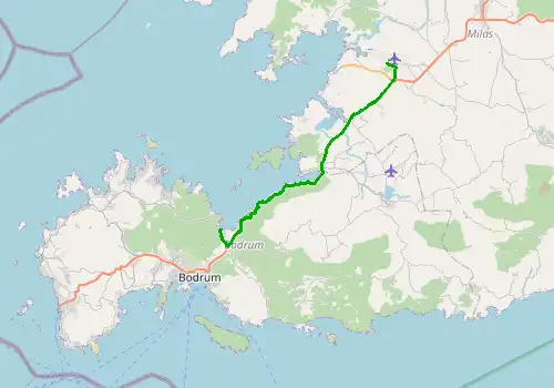 Route map Bodrum Milas Airport - Torba, 34 km, approx. 31 min