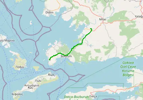 Route map Bodrum Milas Airport - Turgutreis, 56 km, approx. 45 min