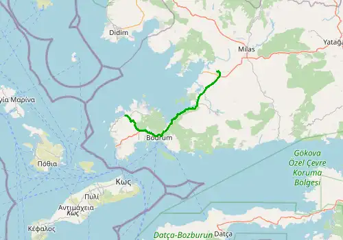 Route map Bodrum Milas Airport - Yalikavak, 54 km, approx. 46 min