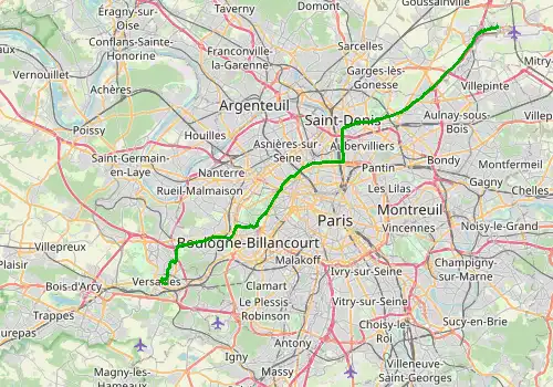 Route map Paris Charles de Gaulle Airport - Versailles Area, 44 km, approx. 50 min
