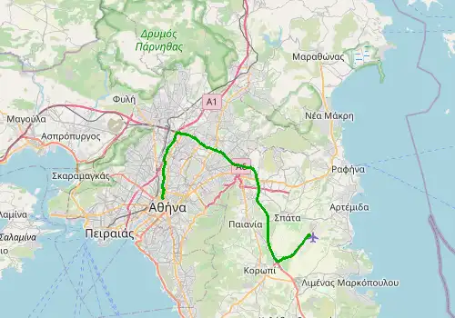 Route map Athens Airport - Athens, 41 km, approx. 40 min