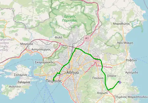 Route map Athens Airport - Piraeus, 49 km, approx. 52 min