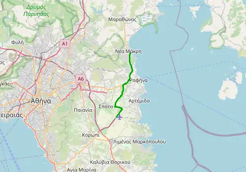 Route map Athens Airport - Nea Makri, 20 km, approx. 32 min