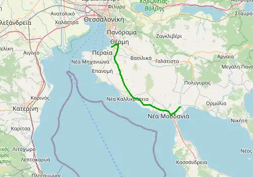 Route map Thessaloniki Airport - Afitos, Chalkidiki, 57 km, approx. 49 min