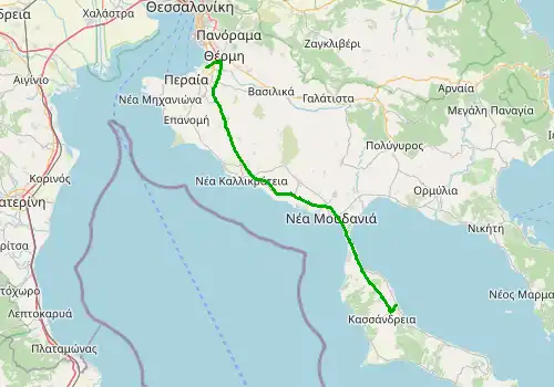 Route map Thessaloniki Airport - Kallithea, Chalkidiki, 77 km, approx. 61 min