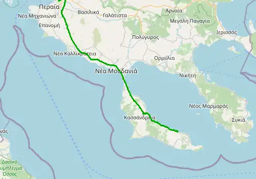 Route map Thessaloniki Airport - Pefkochori, Chalkidiki, 95 km, approx. 83 min
