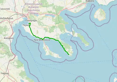 Route map Thessaloniki Airport - Porto Carras, Chalkidiki, 130 km, approx. 133 min