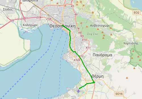 Route map Thessaloniki Airport - Thessaloniki, 18 km, approx. 24 min