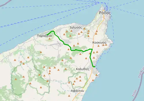Route map Rhodes Airport - Faliraki, 17 km, approx. 24 min