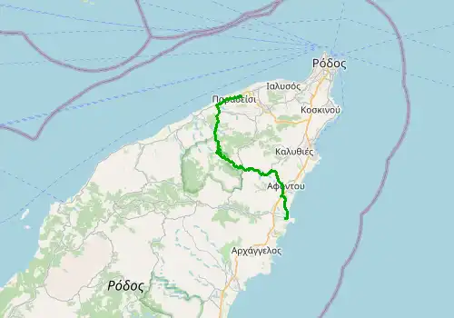 Route map Rhodes Airport - Kolymbia, 32 km, approx. 37 min