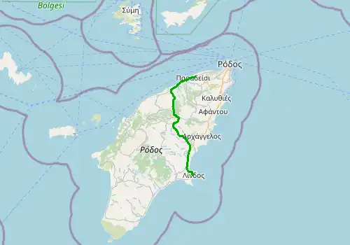 Route map Rhodes Airport - Lindos, 50 km, approx. 60 min
