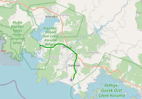 Route map Dalaman Airport - Dalyan, 30 km, approx. 32 min