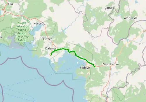 Route map Dalaman Airport - Fethiye, Mugla, 53 km, approx. 55 min
