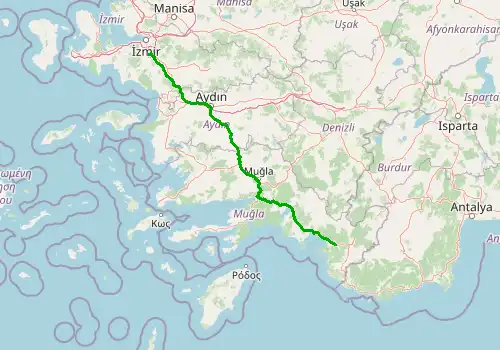 Route map Izmir Airport - Fethiye, Mugla, 321 km, approx. 248 min