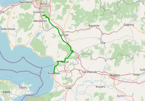 Route map Izmir Airport - Kusadasi, 79 km, approx. 69 min