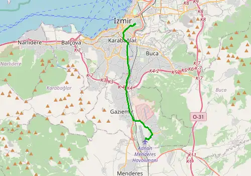 Route map Izmir Airport - Izmir, 18 km, approx. 25 min