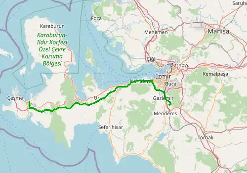Route map Izmir Airport - Cesme, 88 km, approx. 62 min