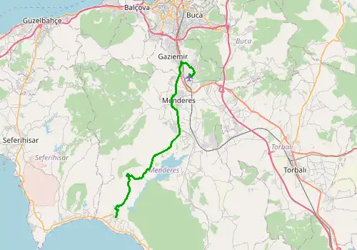 Route map Izmir Airport - Gumuldur, 40 km, approx. 41 min