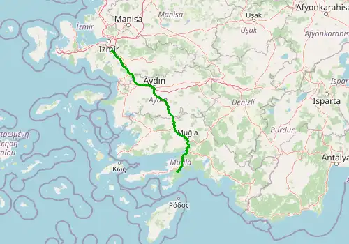 Route map Izmir Airport - Marmaris, 255 km, approx. 208 min