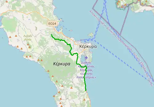 Route map Corfu Airport - Benitses, 18 km, approx. 24 min