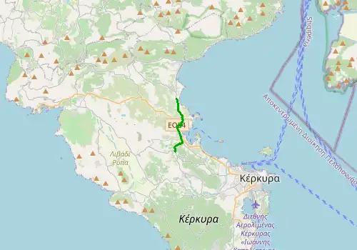 Route map Corfu Airport - Dassia, 6 km, approx. 7 min