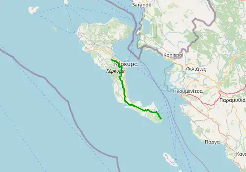 Route map Corfu Airport - Kavos, 52 km, approx. 58 min
