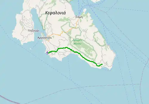 Route map Kefalonia Airport - Katelios, 28 km, approx. 32 min